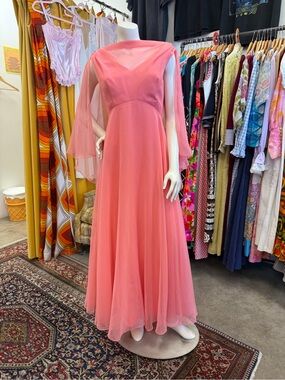Vintage Pink Chiffon Maxi Dress with Sheer Cape Sleeves